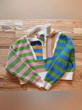 Boutique Striped Half-Zip Knit Sweater in Pink, Green, Blue